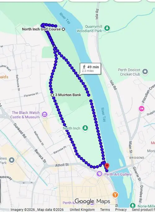 Map of the North Inch and River Tay Loop dog walk in Perth
