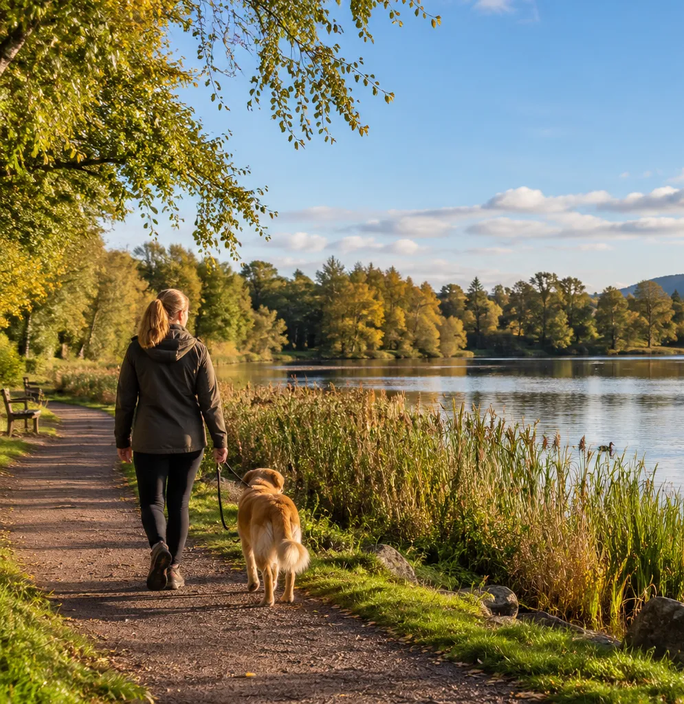 Golden-Hour Lakeside Walk with Dog